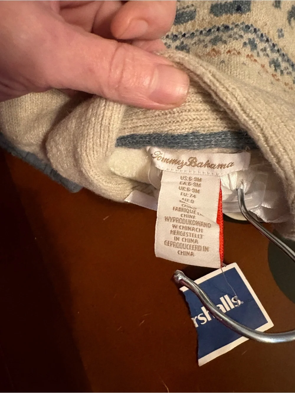 302- NWT 6-9 month Tommy Bahama Cream Hooded Fair Isle Sweater with Blue Accents